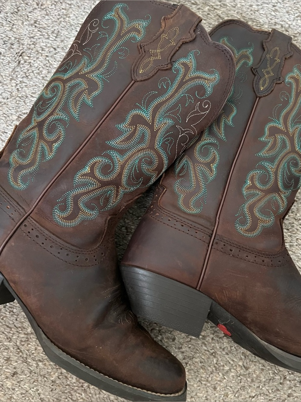 Justin Boots Stampede Brown Leather Western Boots w/ Turquoise Stitching Size 8